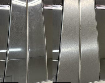 May include: A side-by-side comparison of vehicle B and C pillars. The left side shows the original glossy black finish, while the right side displays a brushed metallic black vinyl wrap overlay for a Jeep Grand Cherokee 2011-2022.