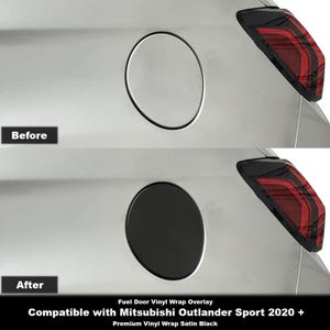May include: An image showing a car's fuel door with a before-and-after comparison of a black vinyl wrap. The original silver fuel door is shown next to the wrapped black fuel door. Text reads "Fuel Door Vinyl Wrap Overlay".
