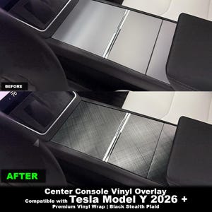 May include: A before-and-after image of a Tesla Model Y center console. The "before" image shows a silver console, while the "after" image displays a black stealth plaid vinyl wrap. Text at the bottom reads "Center Console Vinyl Overlay" and "Compatible with Tesla Model Y 2026 + Premium Vinyl Wrap | Black Stealth Plaid."