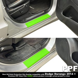 May include: A bright green paint protection film overlay installed on the door sill of a silver Dodge Durango. The film is rectangular and covers the sill area, protecting the paint from scratches and wear. The interior of the car is visible.