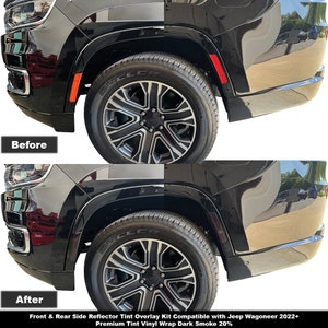 May include: A comparison of a black vehicle wheel well showing orange and red side reflectors before and after applying a dark smoke tint vinyl overlay kit. The top image displays bright reflectors, while the bottom image shows them darkened.