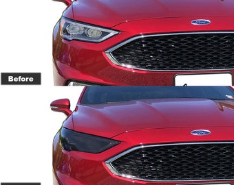 May include: A comparison of a red Ford Fusion front end showing a clear headlight before and a dark smoke tinted headlight after. The text reads Headlight Tint Compatible with Ford Fusion 2017 - 2020 Premium Tint Vinyl Dark Smoke 20%.