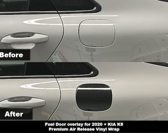 May include: A silver car fuel door shown before and after the application of a black vinyl overlay. The top image displays the original silver fuel door, while the bottom image shows the fuel door covered in a glossy black air release vinyl wrap.