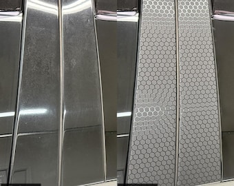 May include: Before and after photos showing a car's B and C pillars with a black honeycomb vinyl wrap overlay. The text reads "B&C Pillar Vinyl Wrap Overlay compatible with Jeep Grand Cherokee 2011 - 2022 Premium Vinyl Wrap Honeycomb Black".
