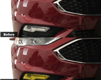 May include: A comparison of a red car front bumper showing a clear fog light labeled Before and a yellow tinted fog light labeled After. The text reads Fog Light Tint Overlay Compatible with Ford Fusion 2017 - 2019 Premium Tint Vinyl Wrap Yellow.