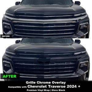 Könnte beinhalten: Ein Vergleich des Frontgrills eines Chevrolet Traverse vor und nach dem Anbringen einer glänzend schwarzen Vinylfolie. Das obere Bild zeigt den originalen Chromgrill, während das untere Bild denselben Grill mit einer schwarzen Oberfläche zeigt.