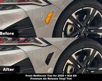 May include: Before and after images of a silver car with black and silver wheels. The before image shows the car with orange reflector lights. The after image shows the car with blacked out reflector lights. The text on the image reads "Front Reflector Tint for 2020 + KIA K5 Premium Air Release Vinyl Tint".