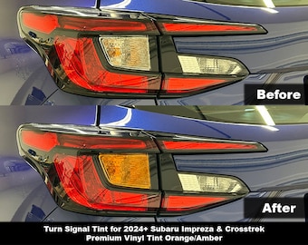 May include: A comparison of a blue vehicle tail light assembly showing a clear turn signal lens labeled Before and an orange tinted turn signal lens labeled After. The text reads Turn Signal Tint for 2024+ Subaru Impreza & Crosstrek Premium Vinyl Tint Orange/Amber.