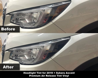 May include: A comparison of a 2019 Subaru Ascent headlight before and after applying a dark tint vinyl film. The top image shows the clear factory headlight, while the bottom image shows the same headlight with a darkened, smoked appearance.
