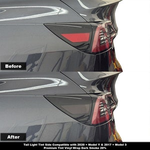 May include: Before and after images of a Tesla Model Y with tinted tail lights. The tail lights are tinted with a dark smoke vinyl wrap. The text on the image reads "Tail Light Tint Side Compatible with 2020 + Model Y & 2017 + Model 3 Premium Tint Vinyl Wrap Dark Smoke 20%"
