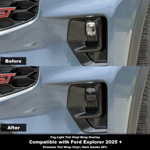May include: A split image showing a car's fog lights before and after a dark smoke tint application. The car is blue, and the image highlights the difference in the fog light appearance. Text indicates the product is a fog light tint vinyl wrap overlay.