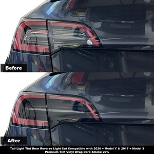 May include: Before and after photos of a Tesla Model 3 with tinted tail lights. The tail lights are tinted with a dark smoke vinyl wrap. The text on the image reads "Tail Light Tint Rear Reverse Light Cut Compatible with 2020 + Model Y & 2017 + Model 3 Premium Tint Vinyl Wrap Dark Smoke 20%"