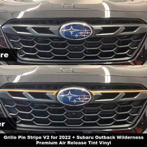 May include: Before and after photos of a black Subaru Outback Wilderness with a black grille. The after photo shows a thin orange pin stripe added to the top of the grille. "Grille Pin Stripe V2 for 2022 + Subaru Outback Wilderness Premium Air Release Tint Vinyl" is written below the photos.