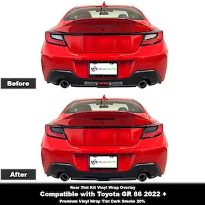 Puede incluir: Imagen comparativa de la parte trasera de un coche rojo Toyota GR 86. La imagen superior muestra las luces traseras originales del coche, mientras que la imagen inferior muestra el coche con un tinte ahumado oscuro aplicado. El texto dice "Rear Tint Kit Vinyl Wrap Overlay" y "Compatible with Toyota GR 86 2022 +."