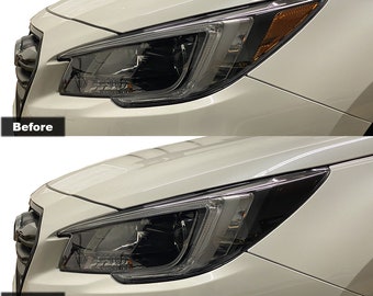 May include: Before and after photos of a car's headlights. The before photo shows the headlights in their original state. The after photo shows the headlights with a dark smoke tint applied. The text below the photos reads "Headlight Tint Compatible with 2015 - 2019 Subaru Outback Premium Tint Vinyl Wrap Dark Smoke 20%"