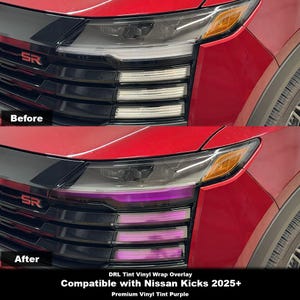 May include: Before and after photos of a red Nissan Kicks with a purple DRL tint vinyl wrap overlay. The text "DRL Tint Vinyl Wrap Overlay Compatible with Nissan Kicks 2025+ Premium Vinyl Tint Purple" is at the bottom of the image.