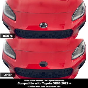 May include: A red car's front end is shown, with a before-and-after comparison of a dark smoke vinyl wrap overlay. The image highlights the product's compatibility with Toyota GR86 2022+ models.