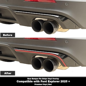 May include: Image showing a car's rear bumper with and without a red pin stripe vinyl overlay. The overlay adds a red accent to the black trim. The text indicates compatibility with Ford Explorer 2025+. The image shows the exhaust pipes.