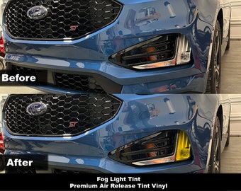 Könnte beinhalten: Vorher- und Nachher-Fotos eines blauen Ford Edge ST mit einem schwarzen Kühlergrill und Nebelscheinwerfern. Das Nachher-Foto zeigt die Nebelscheinwerfer in gelber Tönung. Der Text "Fog Light Tint Premium Air Release Tint Vinyl" befindet sich am unteren Rand des Bildes.