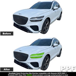Könnte beinhalten: Ein weißer Genesis GV70 2021 SUV mit schwarzem Kühlergrill und Rädern. Das Bild zeigt einen Vorher-Nachher-Vergleich der Scheinwerfer-Lackschutzfolie. Der Text lautet "Vorher" und "Nachher". Die grüne Markierung zeigt die Produktabdeckung.