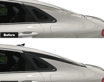May include: Before and after images showing a silver car with a black vinyl wrap overlay on the rear quarter windows. The text "Window Chrome Delete Rear 1/4 Only Vinyl Wrap Overlay compatible with KIA K5 2020+ Premium Vinyl Wrap Gloss Black" is displayed below the images.