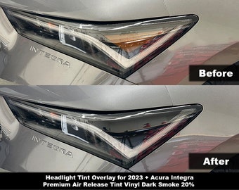 May include: Comparison image of a car headlight before and after tinting. The top image shows the headlight with a lighter tint, while the bottom image shows a darker tint. The text "INTEGRA" is visible on the car. The text "Before" and "After" are also visible.