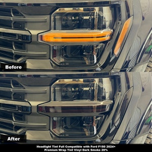 May include: Before and after images of a black Ford F150 truck with a headlight tint. The before image shows the headlights with a clear lens. The after image shows the headlights with a dark smoke tint. The text "Headlight Tint Full Compatible with Ford F150 2024+ Premium Wrap Tint Vinyl Dark Smoke 20%" is below the images.