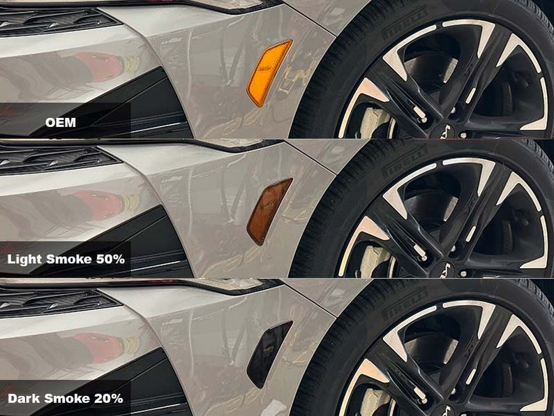 May include: Three images of a car's rear taillight with different levels of tinting. The top image shows the taillight with no tint, labeled "OEM". The middle image shows the taillight with light smoke tint, labeled "Light Smoke 50%". The bottom image shows the taillight with dark smoke tint, labeled "Dark Smoke 20%".