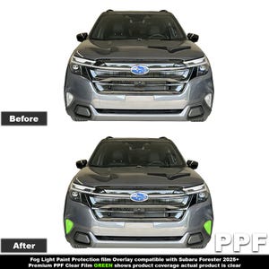 May include: A before-and-after comparison of a gray Subaru Forester. The top image shows the car's front, while the bottom image shows the same car with green fog light protection film. Text at the bottom reads: "Fog Light Paint Protection film Overlay compatible with Subaru Forester 2025+ Premium PPF Clear Film GREEN shows product coverage actual product is clear."