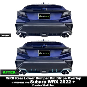 May include: A comparison image of a blue Subaru WRX rear bumper before and after a pin stripe overlay. The "after" image shows teal accents. The text reads "WRX Rear Lower Bumper Pin Stripe Overlay Compatible with Subaru WRX 2022 + Premium Vinyl | Teal."