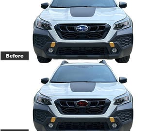 May include: A comparison image of a white Subaru Outback. The top image shows the car's original emblem, while the bottom image displays the emblem with a red tint. The text "Before" and "After" are visible. The text at the bottom reads "Emblem Tint Vinyl Overlay compatible with Subaru Outback & Legacy 2020-2025 Premium Vinyl Tint Red."