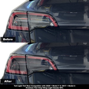May include: Before and after images of a Tesla Model Y rear taillight with a smoked tint vinyl wrap. The text reads "Tail Light Tint Rear Compatible with 2020+ Model Y & 2017+ Model 3 Premium Tint Vinyl Wrap Light Smoke 50%"