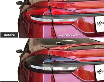 May include: A comparison of a red Ford Fusion rear tail light before and after applying a dark smoke 20% premium tint vinyl. The top image shows the original red light, while the bottom image shows the darkened, tinted version of the same light.