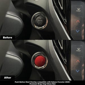 Może przedstawiać: Zdjęcie przed i po pokazujące przycisk rozruchu w samochodzie. Przycisk jest srebrny z czarnym napisem "SILNIK START STOP". Po nałożeniu nakładki przycisk jest czerwony z srebrnym pierścieniem wokół.