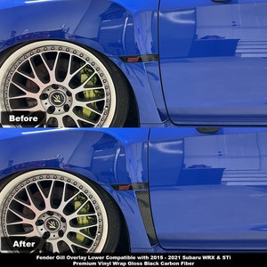 Pode incluir: Fotos antes e depois de um Subaru WRX STI azul com uma sobreposição de brânquia de pára-lamas de fibra de carbono preta. A sobreposição é compatível com os modelos Subaru WRX & STI 2015-2021.