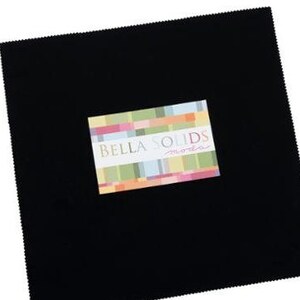 May include: A square of solid black fabric with a tag in the center that reads "BELLA SOLIDS" in a white font. The tag has a colorful striped design in shades of green, orange, pink, and blue.