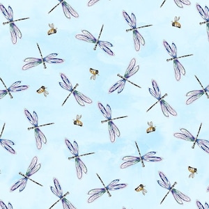 May include: A light blue watercolor background with a repeating pattern of dragonflies and bees. The dragonflies are purple and white with black bodies. The bees are yellow and brown. The overall design has a whimsical, nature-inspired theme.