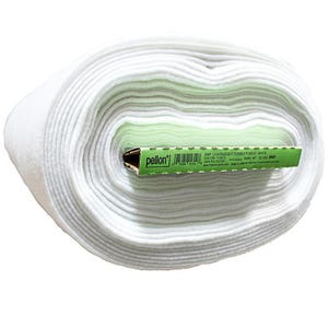 May include: A roll of white lightweight fusible fleece fabric. The fabric is tightly rolled and appears soft and fluffy. A green and brown cardboard tube is in the center of the roll, with text that reads "566F LIGHTWEIGHT FUSIBLE FLEECE - WHITE".