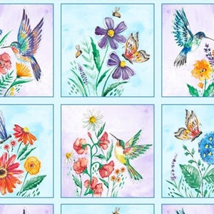 Exotic Flowers & Hummingbird Fabric Panel - White