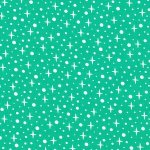 May include: A fabric with a repeating pattern of white stars and dots on a bright teal background. The stars are four-pointed and vary in size, while the dots are small and evenly spaced. This textile is suitable for various craft projects.