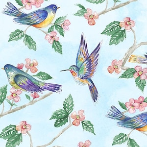 May include: A watercolor painting of a blue sky with pink flowers and colorful birds. The birds are flying and perched on branches. The flowers are in bloom and have green leaves.