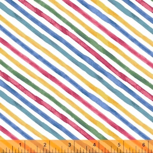 May include: A white background with diagonal stripes in yellow, blue, green, and pink. The stripes are painted with a watercolor effect.