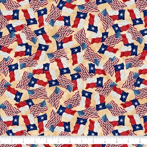 May include: A beige fabric with a repeating pattern of red, white, and blue American and Texas flags. The flags are arranged in a diagonal pattern and are slightly faded, giving the fabric a vintage look.