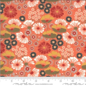 May include: Floral fabric with a repeating pattern of stylized flowers in shades of orange, red, white, yellow, and navy blue. The fabric features a variety of flower types, including daisies and poppies, with a ruler along the bottom edge.