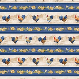 May include: A seamless pattern featuring a repeating design of colorful roosters with red combs and wattles, blue and yellow plumage, and brown legs. The roosters are set against a background of beige and blue stripes with floral accents.
