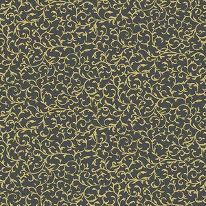 May include: A seamless pattern featuring a dark gray background with a repeating gold-colored, swirling floral design. The ornate, stylized vines and leaves create a textured, elegant aesthetic, suitable for various decorative applications.