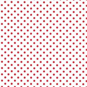May include: White fabric with a repeating pattern of evenly spaced red polka dots. The dots are circular and of uniform size, creating a classic and playful design. This pattern is suitable for various craft and sewing projects.