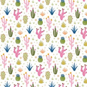 May include: A seamless pattern featuring a variety of cacti and succulents in pink, green, blue, and yellow colors. The pattern is set against a white background.