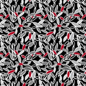 May include: A seamless pattern featuring stylized leaves in shades of gray and red against a black background. The leaves are outlined in white, creating a high-contrast, repeating design suitable for fabric or wallpaper.