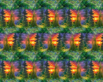 May include: A repeating pattern of a sunset over a forest with a purple sky and green trees. The sun is orange and red and the trees are dark green.